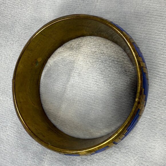 Vintage Brass & Blue Material Woven Design Bangle Bracelet Women Jewelry Classic - Picture 4 of 16